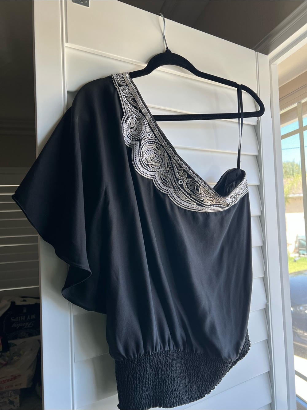 White House Black Market Black One-Shoulder Embellished Silk